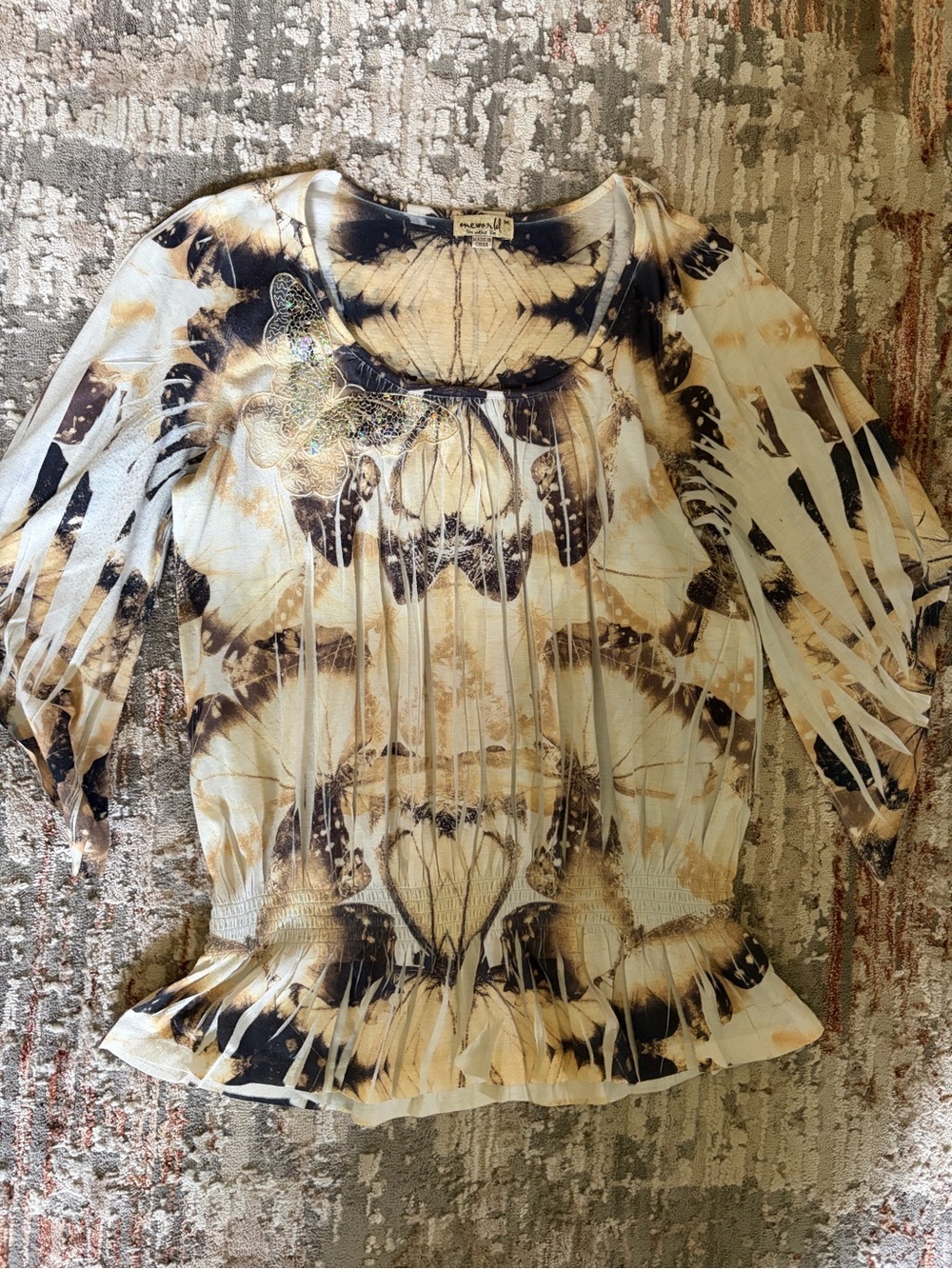 One World Butterfly Print Boho Peasant Blouse Size M